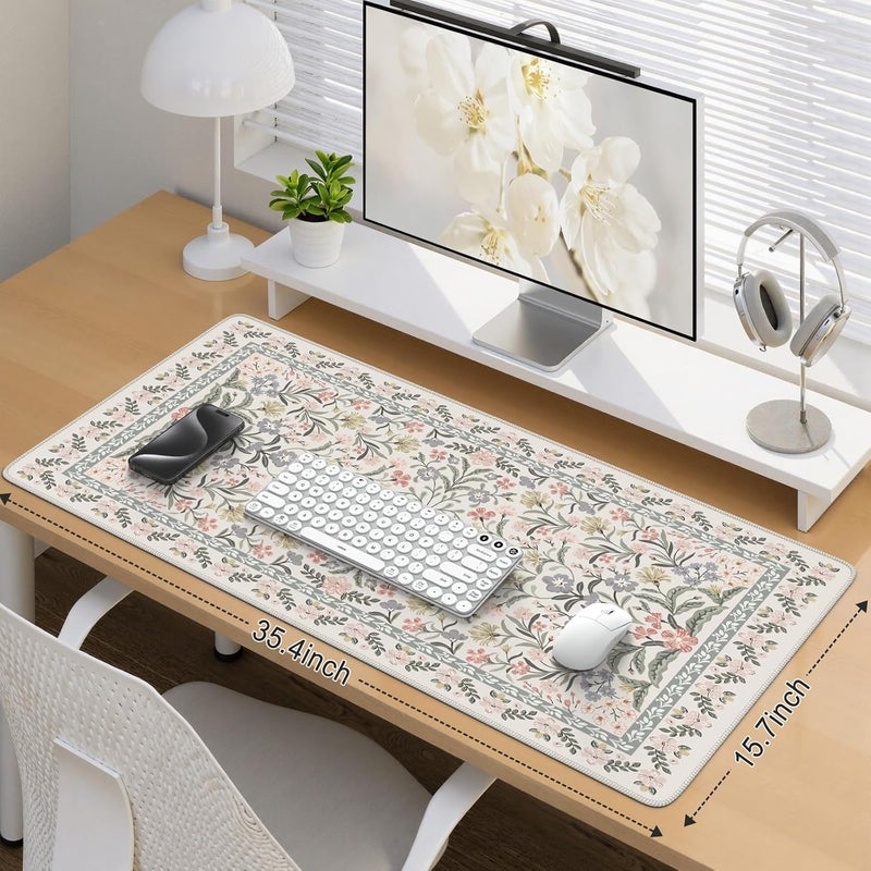 iCasso Desk Matt for Desktop, Cute Desk Pad Mat, XXL Large Mouse Pad, Anti-Slip Big Mousepad with Stitched Edges, Keyboard Pad for Computer(Gray Floral) - Image 2